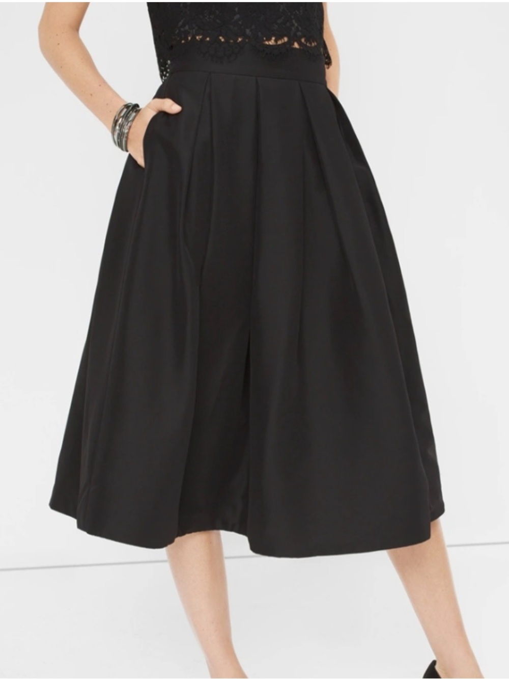 White House Black Market Black Pleated Full Taffeta Midi Skirt Sz 4 Pockets NWT